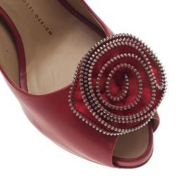 Pre Owned Giuseppe Zanotti Red Leather Rose Embellished Peep Toe Pumps Size 39