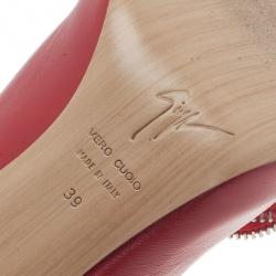 Pre Owned Giuseppe Zanotti Red Leather Rose Embellished Peep Toe Pumps Size 39