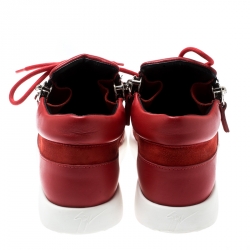 Pre Owned Giuseppe Zanotti Red Leather And Mesh Megatron Lace Up Sneakers Size 36