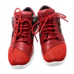 Pre Owned Giuseppe Zanotti Red Leather And Mesh Megatron Lace Up Sneakers Size 36