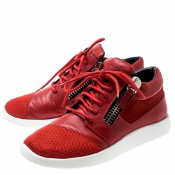 Pre Owned Giuseppe Zanotti Red Leather And Mesh Megatron Lace Up Sneakers Size 36