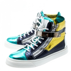 Pre Owned Giuseppe Zanotti Multicolor Metallic Leather High Top Sneakers Size 38.5