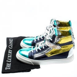 Pre Owned Giuseppe Zanotti Multicolor Metallic Leather High Top Sneakers Size 38.5
