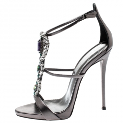 Pre Owned Giuseppe Zanotti Grey Leather Crystal Embellished Strappy Sandals Size 37