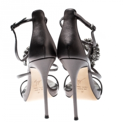 Pre Owned Giuseppe Zanotti Grey Leather Crystal Embellished Strappy Sandals Size 37