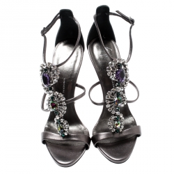 Giuseppe Zanotti Grey Leather Crystal Embellished Strappy Sandals Size 37