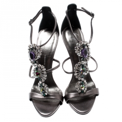 Pre Owned Giuseppe Zanotti Grey Leather Crystal Embellished Strappy Sandals Size 37