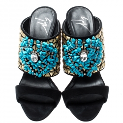 Pre Owned صندل جوسيبي زانوتي كولاين سويدي أسود مزخرف كريستال مقاس 37.5