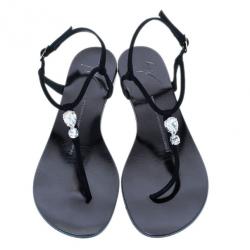Pre Owned Giuseppe Zanotti Black Suede Jeweled Thong Flat Sandals Size 37