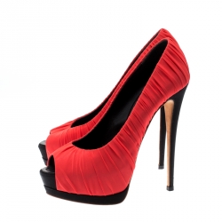 Pre Owned Giuseppe Zanotti Red Pleated Fabric Peep Toe Platform Pumps Size 38