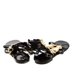 Pre Owned Giuseppe Zanotti Black And Gold Leather Cruel Summer Wing Flat Sandals Size 39