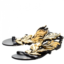 Pre Owned Giuseppe Zanotti Black And Gold Leather Cruel Summer Wing Flat Sandals Size 39