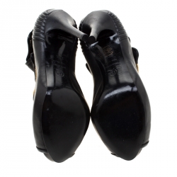 Pre Owned Alexander McQueen Black Leather Faithful Skull Peep Toe Ankle Boots Size 36.5