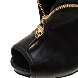 Pre Owned Alexander McQueen Black Leather Faithful Skull Peep Toe Ankle Boots Size 36.5