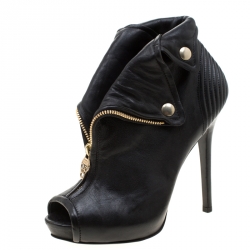 Pre Owned Alexander McQueen Black Leather Faithful Skull Peep Toe Ankle Boots Size 36.5