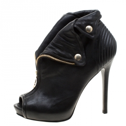 Pre Owned Alexander McQueen Black Leather Faithful Skull Peep Toe Ankle Boots Size 36.5