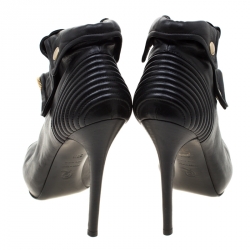 Pre Owned Alexander McQueen Black Leather Faithful Skull Peep Toe Ankle Boots Size 36.5