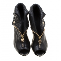 Pre Owned Alexander McQueen Black Leather Faithful Skull Peep Toe Ankle Boots Size 36.5