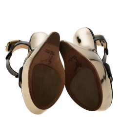 Pre Owned صندل جوسيبي زانوتي كعب روكي سير T كعب رفيع جلد لامع ذهبي/ أسود مقاس 37