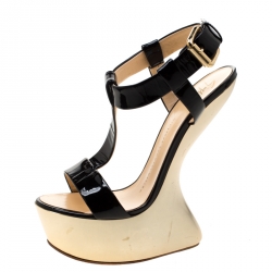 Pre Owned صندل جوسيبي زانوتي كعب روكي سير T كعب رفيع جلد لامع ذهبي/ أسود مقاس 37