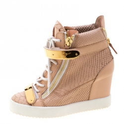 Pre Owned Giuseppe Zanotti Pink Python Embossed Leather Lorenz Wedge Sneakers Size 38.5