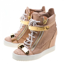 Pre Owned Giuseppe Zanotti Pink Python Embossed Leather Lorenz Wedge Sneakers Size 38.5
