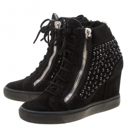 Pre Owned Giuseppe Zanotti Black Suede Embellished Wedge Sneakers Size 38