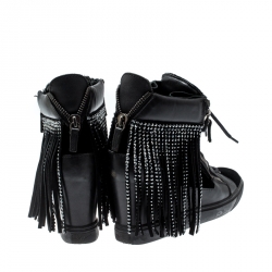 Pre Owned Giuseppe Zanotti Black Leather and Velvet Lorenze Embellished Fringe Wedge Sneakers Size 40.5