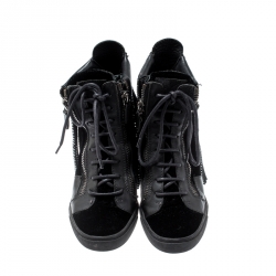 Pre Owned Giuseppe Zanotti Black Leather and Velvet Lorenze Embellished Fringe Wedge Sneakers Size 40.5