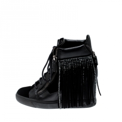 Pre Owned Giuseppe Zanotti Black Leather and Velvet Lorenze Embellished Fringe Wedge Sneakers Size 40.5