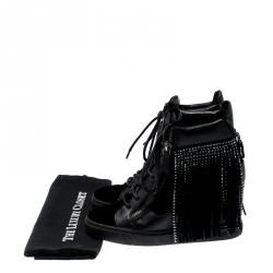 Pre Owned Giuseppe Zanotti Black Leather and Velvet Lorenze Embellished Fringe Wedge Sneakers Size 40.5
