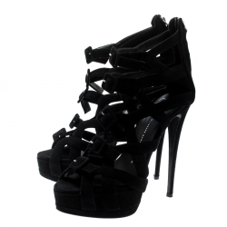 Pre Owned صندل جوسيبي زانوتي مزين إبزيم نعل سميك قفصي سويدي أسود مقاس 41