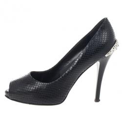 Pre Owned Giuseppe Zanotti Black Embossed Peep Toe Pumps Size 36.5