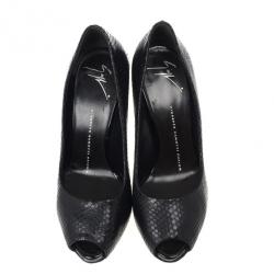 Pre Owned Giuseppe Zanotti Black Embossed Peep Toe Pumps Size 36.5