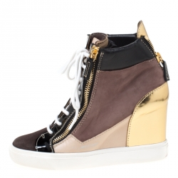 Pre Owned Giuseppe Zanotti Multicolor Suede and Patent Leather Hidden Wedge Sneakers Size 38.5