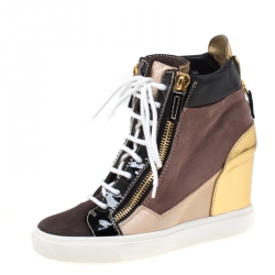 Pre Owned Giuseppe Zanotti Multicolor Suede and Patent Leather Hidden Wedge Sneakers Size 38.5