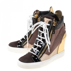 Pre Owned Giuseppe Zanotti Multicolor Suede and Patent Leather Hidden Wedge Sneakers Size 38.5