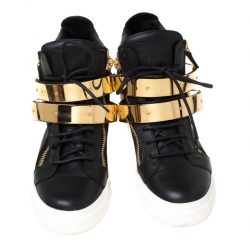Pre Owned Giuseppe Zanotti Leather Metal Plate Ski Buckle High Top Sneakers Size 38