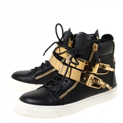 Pre Owned Giuseppe Zanotti Leather Metal Plate Ski Buckle High Top Sneakers Size 38