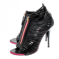 Pre Owned Giuseppe Zanotti Black/Pink Patent Leather Zip Caged Open Toe Booties Size 36