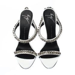 Pre Owned  Giuseppe Zanotti White Patent Leather Chain Detail Strappy Sandals Size 38