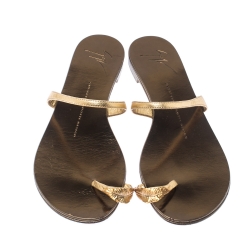 Pre Owned Giuseppe Zanotti Metallic Gold Leather Toe Ring Sandals Size 37.5