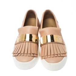 Pre Owned Giuseppe Zanotti Beige Fringed Leather Slip On Sneakers Size 36
