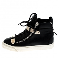 Pre Owned Giuseppe Zanotti Black Leather Double Chain High Top Sneakers Size 38