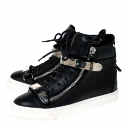 Pre Owned Giuseppe Zanotti Black Leather Double Chain High Top Sneakers Size 38