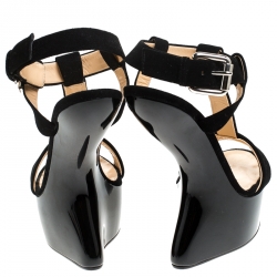 مملوكة مسبقًا Giuseppe Zanotti Black Suede T Strap Platform Heel Less Wedge Sandals Size 37