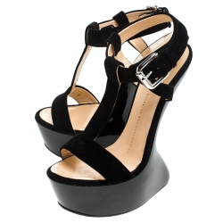 مملوكة مسبقًا Giuseppe Zanotti Black Suede T Strap Platform Heel Less Wedge Sandals Size 37