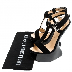 مملوكة مس بقًا Giuseppe Zanotti Black Suede T Strap Platform Heel Less Wedge Sandals Size 37
