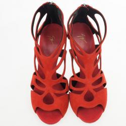 Pre Owned Giuseppe Zanotti Orange Suede Butterfly Cutout Sandals Size 38