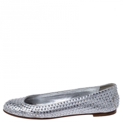 Pre Owned Giuseppe Zanotti Silver Crystal Embellished Leather Ballet Flats Size 36